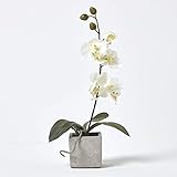 HOMESCAPES White Orchid in Stone Pot 40 cm - Artificial Orchid Flowers for Indoor & Outdoor Decoration