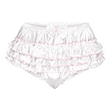 Satini Frilly Sissy Ruffled French Knickers Briefs Lingerie Silky Satin Underwear Panties (White, XL)