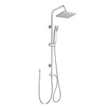 Square Chrome Overhead Rain Shower Kit Dual Rigid Riser Rainfall Head and Hand Held Shower Twin Bath Set for Bathroom, Stainless Steel, with Fittings