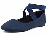 MaxMuxun Womens Ballerina Ankle Elastic Crossing Strap Round Toe Comfy Pump Shoes Navy Blue
