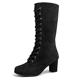 Dernolsea Ladies Mid Calf Boots with Lace Up Closure - Faux Suede Pixie Style Chunky Block Heeled Boots for Women Black Size 6