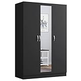 Nera 3 Door Wardrobe with Mirror Shelves and Hanging Rail Tall Wardrobes for Bedrooms Storage (Black)