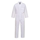 Portwest 2802 Men's Standard Work Coveralls Durable Polycotton Protective Work Overalls Concealed Stud Workwear Multi Pocket Elastic Waist Boiler Suit for Mechanics Warehouse Garages DIY, White, L