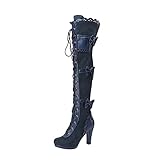 SOOUICKER Ladies Thigh High Over The Knee Boots Women Chunky High Heel Steampunk Gothic Victorian Style Lace Up Boots (Blue, 6 UK)