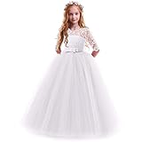 IWEMEK Flower Girls 3/4 Sleeve Floral Lace Tulle First Communion Pageant Dresses Kids Big Girls Princess Birthday Carnival Christmas Bridesmaid Wedding Party Prom Ball Gown White 11-12 Years
