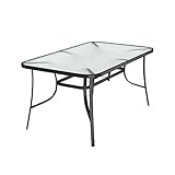 DKIEI 150x90cm Rectangle Outdoor Dining Table, Glass Top Garden Table with Umbrella Hole, Patio Table with Steel Frame for Yard Bistro Lawn Balcony, Black