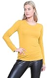 janisramone® Long Sleeve T Shirts Women, Plain Round Neck Breathable Basic Summer Tops for Women UK, Stretchy Slim Fitted Going Out Tops Mustard