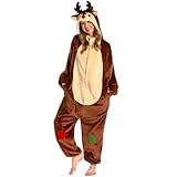 OLAOLA Unisex Adult Christmas Costume, Plush Flannel Reindeer Onesie, One-Piece Cosplay Pyjamas XMAS Party