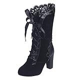 Gothic Boots for Women Vintage Goth Lolita Lace Booties Suede Leather Wide Mid Calf Boots Chunky High Block Heels Lace up Boots for Ladies UK Size 4.5-7 Black