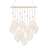 UXORSN Macrame Wall Hanging Beige Leaf Tassel Tapestry Boho Chic Wall Decor Handmade Woven Cotton Rope Tapestry Aesthetic Bohemian Wall Art for Bedroom Living Room Office Apartment Ornament