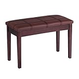 GYMAX Piano Bench with Storage and Padded Cushion, Double Duet Seat, Wooden Legs, PU Leather Keyboard Stool for Kids Adults (Plaid Surface+Straight Leg, Brown)