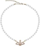 YURESEN Saturn Pearl Necklace White Pearl Bead Choker for Women Teen Girls, Crystal Rhinestone Constellation Planet Necklace for Girlfriend Confessions Weddings (Gold1)