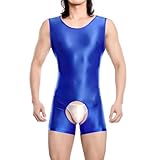 Hybursky Men's Glossy Bodysuit Sleeveless Gym Jumpsuit Vest Top Shiny Round Neck One Piece Leotard Wrestling Singlet Unitard Casual Workout Playsuits Festival Rave Nightwear Blue/XL