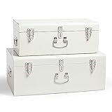 Beautify Storage Trunks, Set of 2 Cream Stainless Steel Storage Chests w/Silver Detailing, Stackable Bedroom Organisers w/Lockable Lids, Sturdy Multi-Purpose Bedding, Blanket & Toy Box