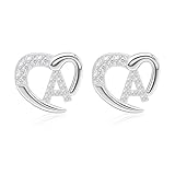 Astellea Dainty S925 Silver Earrings for Women Girls, Heart Initial Stud Earrings Cubic Zirconia Letter Jewellery Gifts for Friend Mum Daughter Birthday Christmas (A)