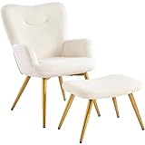 Yaheetech Small Armchair and Ottoman Set, Boucle Tub Chair with Footstool, Sherpa Lounge Chair with Golden Metal Legs for Living Room/Bedroom/Reading Room, Ivory