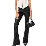 Women's Faux Leather Pants PU High Waist Flare Long Pants Tummy Control Bootcut Bell Bottom Trousers with Pockets (Black, S)
