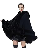 BEAUTELICATE Knit Cape Coat Women Knitted Hooded Cloak Poncho with Fur Trims Faux Fur Shawl Wrap Stole Fashion Oversize Cardigans for Autumn Winter Wedding Bride Bridesmaids(One Size, Black)