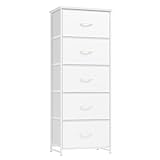 Nicehill Chest of Drawers, 5-Drawer Tall Dresser for Bedroom, Wood Top, Sturdy Steel Frame, Chest of Drawers for Closet, Hallway, White Leather