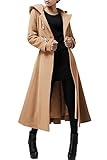 Cicy Bell Womens Long Double-Breasted Hooded Coat Winter Warm Wool Trench Coat with Belts, Camel, M