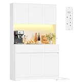 FirFurd Kitchen Cupboard 180cm Tall Cabinet Kitchen Sideboard Storage Cabinet with LED, Power Outlet, Adjustable Shelves, 2 Drawers, 6 Doors, Large Countertop 180x100x38.5 cm White