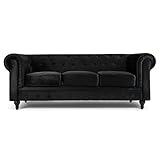 Bravich Velvet Chesterfield Sofa- Black. 3 Seater Settee, Soft Plush Fabric Couch. Living Room Furniture, Easy Clean. 3 Seater- 209cm x 90cm x 78cm