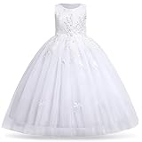 Flower Girls Dress Floral Embroidered Lace Sleeveless Tulle Wedding Bridesmaid Birthday Formal Party Long Tutu Dresses Kids Princess Pageant First Communion Evening Prom Ball Gown White 7-8 Years