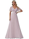 Ever-Pretty Women's Double V-Neck Short Flutter Sleeves Empire Waist Elegant Chiffon Floor Length Prom Evening Dresses Lilac 10UK