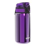 Ion8 Lightweight Steel Kids Water Bottle, 400ml/13oz, Non-Insulated, Leak Proof, Easy to Open, Secure Lock, Dishwasher Safe, Fits Cup Holders, Carry Handle, Metal Water Bottle, Metallic Purple