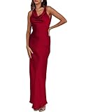 Satin Cowl Neck Sleeveless Backless Maxi Wedding Guest Dress Silk Open Back Tie Back Prom Formal Dresses for Women 2025, Burgundy, M