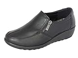 Cushion Walk Women's Black Wide Fit EEE Shoes Ladies Lightweight Faux Leather Slip-on Flat Zip Shoes, Flats, Casual Work Office Comfort (8 UK, Black)