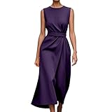 HOOUDO Women's Summer Dresses Crew Neck Elegant Swing Dress Casual Vintage Midi Sundress with Pockets A-Line Wedding Guest Dresses A Purple