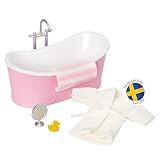 LUNDBY Dolls House Furniture Bathroom Set – Freestanding Bath + Bathrobe + Mirror + Rubber Duck + Towel – Doll House Accessories – 5-piece set for 11cm Mini Dolls – Age 4+ 1:18