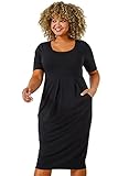Roman Curve Abstract Print Stretch Dress for Women UK - Ladies Autumn Everyday Winter Holiday Round Neckline Comfy Short Sleeve Soft Midi Length Frock Desk To Dinner Gowns - Plain Black Plus - Size 20