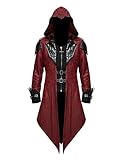 Medieval Renaissance Costume for Men Vampire Viking Trench Steampunk Gothic Coat Halloween Cosplay Party Outfits, Burgundy, M