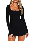 Navneet Women Square Neck Mini Dress Ruched Long Sleeve Dress Sexy Bodycon Dresses Cocktail Party Dresses Club Going Out Black S