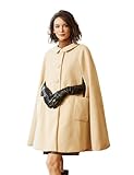 BEAUTELICATE Women Wool-Blend Cape Coat Short Elegant Vintage Lapel Collar Tartan Poncho Cloak Jacket for Winter Fall Daily Button Down with Pockets Knee Length 94cm Light Buff, XL