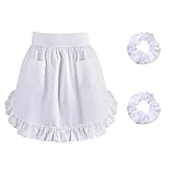 YSUY White Waist Apron with Pockets and Two Hairbands, Waitress Aprons, Half Apron for Cooking & Cleaning, Adjustable Ruffle Aprons for Women's Costumes, Maid Apron, for Restaurant and Coffee Shop