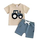 Bufarromio Toddler Baby Boys Summer 2Pcs Outfits Truck Embroidery Short Sleeve T-shirt Elastic Waist Short Pants Clothes Set 3M-3T (Blue, 12-18 Months)