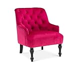 Antique Retro Chesterfield Buttoned Fuchsia Pink Velvet Occasional Accent Chair – Luxurious Tufted Single Armchair for Traditional Modern Small Spaces, Living Room Bedroom Conservatory Reading