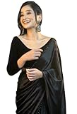 SATAZ Women's Ready to Wear Black Satin Silk 1 Minute Pre Pleated Heavy Saree With Hand Work Lace, Black, Free Size, Black, Free Size