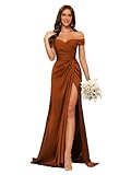 kopptioo Off Shoulder Mermaid Wedding Guest Dresses for Women Bridesmaid Draess with Split Evening Gowns Maxi Dress Satin Burnt_Orange UK10
