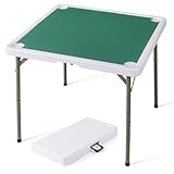 GYMAX Folding Mahjong Table, 35” Portable Card Table with Cup Holders and Carrying Handle, 4 Player Square Domino Playing Desk for Mahjong Poker (Green)