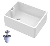 Balterley 595mm Belfast Kitchen Sink Single Bowl with Waste & Built-in Weir Overflow, Durable Belfast Fireclay White Ceramic Kitchen Sink Bowl, Reversible Farmhouse Sinks - 595 x 455 x 245mm (White)