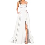 Ladies Elegant Backless Floor Length Prom Dresses Side High Slit Long Dress for Wedding Evening Party with Pockets Sleeveless Sexy Plain Silk Satin Square Neck Long Slip Dresses White