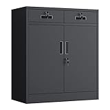 JINGUR Metal Storage Cupboard with Locking Doors and 2 Drawers, Lockable Storage Cabinet with Adjustable Shelf for Home Office and Garage (Black)