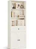 Coleshome 5-Tier Bookcase with Doors and Cabinet, Bookshelf Floor Standing Display Storage Shelf, Tall Bookcase with drawers for Home, Office, Living Room, Bedroom, White, 48 x 24 x 164.2