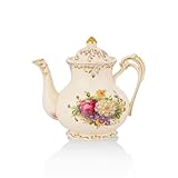 CHILDIKE Ceramic Tea Pot, 25 OZ/3 Cup Small Ivory Vintage Floral Porcelain Teapot with Gold Trim, European Style, Gift for Women, Decorative Ideas (Colorful Floral)