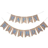 Happy Birthday Burlap Bunting Banner, Fabric Brown Banner with Blue Letters for Home Outdoor Birthday Party Decoration