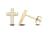 9ct Yellow Gold on Silver CZ Cross Crucifix Stud Earrings